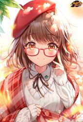 Rule 34 | 1girl, absurdres, adjusting eyewear, amaki ruto, beret, brown eyes, brown hair, commentary, dew drop, english commentary, glasses, hat, highres, holding, holding clothes, holding scarf, leaf, logo, looking at viewer, mahjong soul, ninomiya hana, official art, official wallpaper, red-framed eyewear, red hat, red scarf, scarf, smile, solo, sweater, water drop
