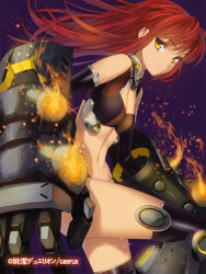 Rule 34 | 1girl, bare shoulders, black gloves, black thighhighs, breasts, cleavage, copyright name, elbow gloves, estelis victim, gauntlets, gloves, glowing, junketsu duelion, long hair, mecha musume, midriff, navel, official art, red hair, solo, thighhighs, yangsion, yellow eyes