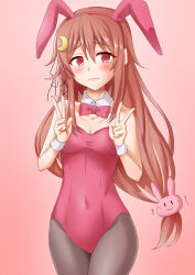 Rule 34 | 1girl, alternate costume, animal ears, anti (untea9), bow, bowtie, crescent, crescent hair ornament, detached collar, double v, embarrassed, gradient background, hair ornament, highres, kantai collection, leotard, long hair, low-tied long hair, pantyhose, pink background, playboy bunny, rabbit ears, rabbit hair ornament, red bow, red bowtie, red leotard, solo, strapless, strapless leotard, uzuki (kancolle), v, wrist cuffs