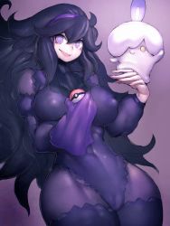 Rule 34 | 1girl, @ @, abs, adapted costume, alternate breast size, alternate costume, bodystocking, bodysuit, breasts, cameltoe, covered erect nipples, covered navel, cowboy shot, creatures (company), fumio (rsqkr), game freak, gen 5 pokemon, gradient background, hairband, hex maniac (pokemon), highres, impossible clothes, large breasts, leotard, litwick, long hair, long sleeves, looking at viewer, messy hair, nintendo, open mouth, pantyhose, poke ball, poke ball (basic), pokemon, pokemon (creature), pokemon xy, purple background, purple eyes, purple hair, purple theme, skin tight, smile, thighhighs, thighs, turtleneck, very long hair, wide hips