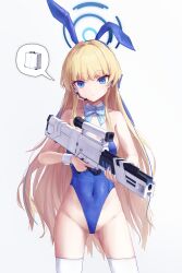 Rule 34 | 1girl, 9malefi9, absurdres, animal ears, ass, assault rifle, blonde hair, blue archive, blue bow, blue bowtie, blue eyes, blue hair, blue halo, blue leotard, bow, bowtie, breasts, bullpup, caseless firearm, closed mouth, commentary, covered navel, cowboy shot, detached collar, english commentary, fake animal ears, groin, gun, h&amp;k g11, halo, high-capacity magazine, highres, holding, holding gun, holding weapon, horizontal magazine, leotard, long hair, medium breasts, multicolored hair, official alternate costume, prototype design, rabbit ears, rifle, simple background, solo, strapless, strapless leotard, streaked hair, thighhighs, toki (blue archive), toki (bunny) (blue archive), weapon, white background, white thighhighs, wrist cuffs