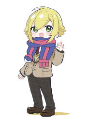 Rule 34 | 1boy, :d, black pants, blazer, blonde hair, blue scarf, blush, brown footwear, brown jacket, brown necktie, colored shadow, commentary, eyes visible through hair, fringe trim, full body, green eyes, hair between eyes, hand up, highres, jacket, loafers, long sleeves, looking at viewer, male focus, necktie, nijisanji, nozo (hitomiz), open mouth, pants, scarf, school uniform, shadow, shirt, shoes, simple background, sleeves past wrists, smile, solo, standing, sweater vest, uzuki kou, virtual youtuber, white background, white shirt