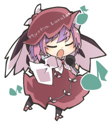 Rule 34 | 1girl, animal ears, bird ears, bird wings, black socks, blush, brown dress, brown footwear, brown headwear, character name, chibi, clothes writing, dress, eighth note, closed eyes, full body, holding, holding microphone, jagabutter, juliet sleeves, kneehighs, long sleeves, microphone, music, musical note, mystia lorelei, open mouth, pink hair, puffy sleeves, shoes, short hair, simple background, singing, socks, solo, touhou, white background, white wings, wide sleeves, winged footwear, winged hat, wings