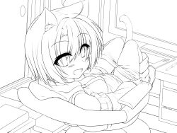 Rule 34 | 1girl, absurdres, animal ears, boots, breasts, cat ears, cat tail, chair, clothes pull, computer, crotch seam, desk, detached sleeves, dodome-iro mayonnaise, drawing tablet, greyscale, highres, hood, hoodie, lineart, long hair, monitor, monochrome, naked hoodie, open mouth, original, pantyhose, pantyhose pull, sharon (dodomayo), short hair, sitting, sliding doors, smile, solo, stylus, tail, transparent background