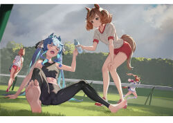 Rule 34 | 4girls, ahoge, aqua hair, arm support, ass, bare legs, barefoot, black hair, black leggings, black sports bra, blue dress, blue hair, boots, bottle, braid, braided ponytail, breasts, brown tail, buruma, closed eyes, cloud, cloudy sky, commentary request, crossed bangs, day, dress, feet, foreshortening, from behind, full body, grey eyes, gym uniform, hair ribbon, hand on own knee, harusame tsubaki, holding, holding bottle, horse girl, horse tail, ikuno dictus (umamusume), leaning back, leaning forward, leggings, legs, letterboxed, long hair, long sleeves, midriff, multicolored hair, multiple girls, nice nature (umamusume), on ground, open mouth, outdoors, parted bangs, plastic bottle, ponytail, red buruma, red footwear, red shorts, ribbon, running, shadow, sharp teeth, shoes, short shorts, shorts, sidelocks, sitting, sky, sleeveless, small breasts, sneakers, soles, sports bra, spread legs, standing, streaked hair, summer uniform, swept bangs, tail, teeth, thighs, toes, tokai teio (umamusume), tracen training uniform, twin turbo (umamusume), twintails, two-tone hair, umamusume, very long hair, water bottle, white dress, white footwear