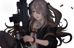 Rule 34 | 1girl, 5kpgte, bracelet, brown hair, commentary request, girls&#039; frontline, gun, h&amp;k ump, hair between eyes, highres, holding, holding weapon, hood, hood down, hooded jacket, jacket, jewelry, long hair, magazine (weapon), mechanical arms, mod3 (girls&#039; frontline), one eye closed, one side up, open mouth, pantyhose, pleated skirt, scar, scar across eye, scar on face, shell casing, shirt, single mechanical arm, skirt, sleeves rolled up, solo, submachine gun, trigger discipline, ump45 (girls&#039; frontline), ump45 (mod3) (girls&#039; frontline), weapon, white background, white shirt, yellow eyes, yellow neckwear
