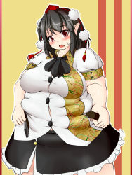 Rule 34 | 1girl, bad id, bad pixiv id, belt, big belly, black hair, blush, breasts, collared shirt, d:, fat, fat rolls, hat, highres, large breasts, looking at viewer, medium hair, nerizou, obese, open mouth, pointy ears, pom pom (clothes), red eyes, sagging breasts, shameimaru aya, shirt, skirt, solo, sweat, tokin hat, touhou, undersized clothes