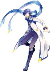 Rule 34 | 1boy, belt, blouse, blue eyes, blue hair, blue scarf, blue shirt, boots, coat, full body, headset, ixima, kaito (vocaloid), kaito (vocaloid3), male focus, matching hair/eyes, microphone, nail polish, official art, open mouth, pants, scarf, see-through, shirt, solo, transparent background, vocaloid, zipper
