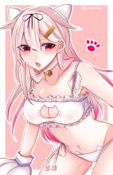 Rule 34 | 10s, 1girl, :o, alternate costume, alternate hair color, animal hands, artist name, bad id, bad pixiv id, bare shoulders, bell, black ribbon, blush, bra, breasts, cat ear panties, choker, cleavage, cleavage cutout, clothing cutout, collarbone, frilled bra, frills, gloves, gradient hair, hair between eyes, hair flaps, hair ornament, hair ribbon, hairclip, jingle bell, kantai collection, leaning forward, long hair, medium breasts, meme attire, multicolored hair, navel, open mouth, panties, paw gloves, pink background, pink hair, red eyes, ribbon, shisei (kyuushoku banchou), simple background, solo, stomach, underwear, underwear only, very long hair, white bra, white gloves, white panties, yuudachi (kancolle), yuudachi kai ni (kancolle)