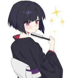 Rule 34 | 1boy, absurdres, black hair, black kimono, blush, commentary, english commentary, highres, holding, hunter x hunter, japanese clothes, kalluto zoldyck, kimono, looking at viewer, male focus, mole, mole under mouth, obi, q haoyu, red eyes, sash, simple background, solo, sparkle, trap, upper body, white background, wide sleeves