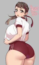 Rule 34 | 1girl, agawa ryou, artist name, ass, ass focus, blunt ends, breasts, brown eyes, brown hair, buruma, clothes pull, commentary, cowboy shot, dated, english commentary, from behind, grey background, headband, huge ass, huge breasts, large breasts, long hair, looking at viewer, looking back, numbered, open mouth, original, ponytail, red buruma, red headband, school uniform, shirt, shirt pull, shirt tucked in, short eyebrows, short sleeves, simple background, solo, standing, straight hair, sweatdrop, swept bangs, thick thighs, thighs, v-shaped eyebrows, white shirt