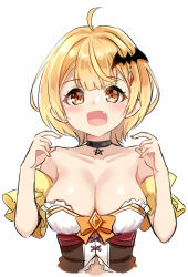 Rule 34 | 1girl, :d, ahoge, bare shoulders, bat hair ornament, blonde hair, blush, bow, breasts, brown eyes, chemise, choker, cleavage, collarbone, cropped torso, detached sleeves, fang, frills, front slit, hair ornament, hands up, hexagram, highres, hololive, medium breasts, open mouth, orange bow, revealing clothes, short hair, short sleeves, simple background, smile, solo, star of david, strapless, underbust, unname, upper body, vampire, virtual youtuber, white background, yellow sleeves, yozora mel, yozora mel (1st costume)
