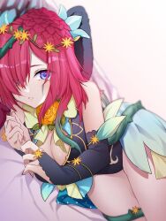 Rule 34 | 1girl, animal ears, blue eyes, breasts, bridal gauntlets, cleavage, commission, facial mark, fake animal ears, fire emblem, fire emblem heroes, flower, hair flower, hair ornament, hair over one eye, highres, kishiro azuhito, large breasts, looking at viewer, lying, nintendo, official alternate costume, on bed, on side, parted lips, plant, rabbit ears, red hair, second-party source, short hair, skeb commission, solo, thorns, triandra (fire emblem), triandra (spring) (fire emblem), vines