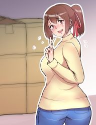 Rule 34 | 10s, 1girl, ass, bifidus, blush, box, brown eyes, brown hair, cardboard box, commentary request, denim, flying sweatdrops, hair ribbon, ise (kancolle), jeans, kantai collection, looking back, open mouth, pants, ponytail, ribbon, smile, solo, stack, sweater, tearing up, yellow sweater