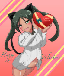 Rule 34 | 1girl, absurdres, animal ears, black hair, blue panties, box, cat ears, cat tail, commentary request, cursive, english text, fang, francesca lucchini, gift, gift box, green eyes, happy valentine, head tilt, heart-shaped box, highres, holding, holding gift, italian text, jacket, long hair, looking at viewer, navel, no pants, open mouth, panties, partial commentary, red background, skin fang, smile, solo, standing, strike witches, striped clothes, striped panties, tail, tan, twintails, twitter username, underwear, valentine, wanwan 0301, white jacket, world witches series