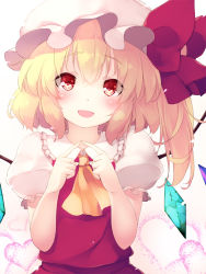 Rule 34 | 1girl, ascot, blonde hair, blush, commentary request, fingers together, flandre scarlet, gengetsu chihiro, gradient background, hat, heart, index fingers together, looking at viewer, mob cap, open mouth, pink background, puffy short sleeves, puffy sleeves, red eyes, red skirt, red vest, short hair, short sleeves, side ponytail, skirt, smile, solo, touhou, upper body, vest, white background, wings, yellow ascot