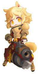 Rule 34 | 1girl, animal ears, arm guards, armor, bayonet, blonde hair, boots, breastplate, cannon, chibi, gun, original, pauldrons, ran system, short hair, shoulder armor, simple background, solo, tail, weapon, white background, yellow eyes
