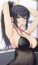 Rule 34 | 1girl, absurdres, armpits, arms up, black hair, blue eyes, blush, breasts, cleavage, collarbone, commentary request, hairdressing, high ponytail, highres, large breasts, long hair, looking at viewer, mole, mole on breast, mouth hold, navel, original, parted lips, see-through, side ponytail, skindentation, solar (happymonk), solo, sweat, tying hair, underwear, upper body