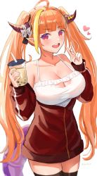 Rule 34 | 1girl, ahoge, bare shoulders, black ribbon, black thighhighs, blonde hair, blunt bangs, bow, breasts, bright pupils, bubble tea, camisole, cleavage, cleavage cutout, clothing cutout, collarbone, commentary, cowboy shot, cup, diagonal-striped bow, disposable cup, dragon girl, dragon horns, dragon tail, drinking straw, fang, frilled camisole, frills, gurina, hair intakes, hair ribbon, hands up, heart, highres, holding, holding cup, hololive, horn bow, horn ornament, horns, jacket, kiryu coco, large breasts, light blush, long hair, long sleeves, looking at viewer, multicolored eyes, multicolored hair, off shoulder, official alternate costume, open clothes, open jacket, open mouth, orange hair, partially unzipped, pointy ears, purple eyes, red eyes, red jacket, ribbon, scales, sidelocks, simple background, skin fang, slit pupils, solo, spaghetti strap, standing, streaked hair, striped, striped bow, symbol-only commentary, tail, teeth, thighhighs, track jacket, twintails, twitter username, upper teeth only, v, virtual youtuber, white background, white camisole, white pupils
