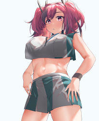 Rule 34 | 1girl, :o, absurdres, azur lane, blush, breasts, bremerton (azur lane), bremerton (scorching-hot training) (azur lane), crop top, feet out of frame, from below, hands on own hips, highres, kaicchi, large breasts, long hair, looking at viewer, multicolored hair, navel, official alternate costume, pink eyes, pink hair, solo, sportswear, standing, tennis uniform, twintails, white background