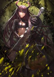 Rule 34 | 10s, 1girl, bad id, bad pixiv id, black gold saw, black hair, black jacket, black rock shooter, chain, cropped jacket, demon horns, eyebrows, frown, gauntlets, hair between eyes, holding, holding sword, holding weapon, horns, jacket, king saw, knees together feet apart, long hair, long sleeves, looking at viewer, mingou91, purple eyes, sitting, skull, solo, sword, weapon