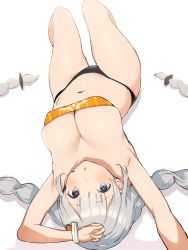 Rule 34 | 1girl, :o, armpits, arms up, bare arms, bare shoulders, bikini, black bikini, blush, braid, breasts, cleavage, commentary request, covered erect nipples, grey eyes, hair ornament, highres, kizuna akari, knees up, large breasts, long hair, looking at viewer, low twintails, lying, navel, nekoshoko, on back, orange bikini, parted lips, silver hair, solo, stomach, swimsuit, thighs, twin braids, twintails, upside-down, very long hair, voiceroid, wrist cuffs