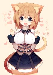Rule 34 | 1girl, animal ear fluff, animal ears, blue eyes, blush, breasts, cat ears, cat girl, cat tail, female focus, highres, large breasts, looking at viewer, mamuru, open mouth, original, short hair, simple background, skirt, smile, solo, tail, thighhighs