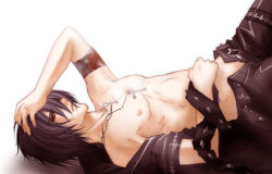 Rule 34 | 1boy, bandages, black hair, blood, cross, jewelry, lying, male focus, necklace, red eyes, shiki (togainu no chi), simple background, solo, togainu no chi, topless male, unzipped