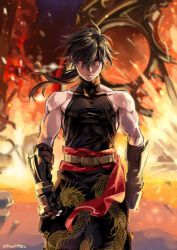 Rule 34 | 1boy, black hair, cannon dancer, gradient background, indesign, kirin (cannon dancer), long hair, looking at viewer, male focus, manly, muscular, red eyes, serious, short hair, solo, strider (video game), toned