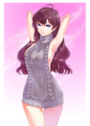 Rule 34 | 1girl, absurdres, ahoge, akatsuki suzumi, aran sweater, armpits, arms behind head, backless dress, backless outfit, blue eyes, breasts, cable knit, cowboy shot, dress, earrings, grey sweater, highres, ichinose shiki, idolmaster, idolmaster cinderella girls, jewelry, light smile, lips, long hair, looking at viewer, medium breasts, meme attire, naked sweater, pink background, purple hair, ribbed sweater, sideboob, solo, sweater, sweater dress, thigh gap, thighs, turtleneck, turtleneck sweater, virgin killer sweater, wavy hair