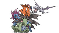 Rule 34 | aerodactyl, animal focus, black eyes, black sclera, blacknirrow, blue eyes, claws, colored sclera, creatures (company), dinosaur, dragon, eye contact, fangs, fighting, flying, full body, game freak, gen 1 pokemon, gen 2 pokemon, gen 5 pokemon, godzilla: king of the monsters, godzilla (series), green eyes, highres, hydreigon, looking at another, monsterverse, multiple heads, nintendo, no humans, open mouth, pokemon, pokemon (creature), purple eyes, sharp teeth, simple background, standing, teeth, tongue, tyranitar, volcarona, white background