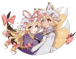 Rule 34 | 2girls, animal ears, blonde hair, blush, breasts, dress, elbow gloves, fox ears, fox tail, frilled sleeves, frills, gap (touhou), gloves, hat, hat ribbon, heart, highres, large breasts, long hair, masanaga (tsukasa), mob cap, multiple girls, multiple tails, one-hour drawing challenge, open mouth, purple dress, purple eyes, red ribbon, ribbon, short hair, short sleeves, simple background, tabard, tail, touhou, white background, white gloves, white headwear, yakumo ran, yakumo yukari, yellow eyes