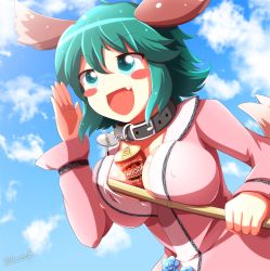 Rule 34 | 1girl, animal ears, aqua eyes, aqua hair, artist name, bad id, bad pixiv id, between breasts, blush stickers, brand name imitation, breasts, broom, can, character name, collarbone, dog tags, fang, impossible clothes, impossible shirt, kasodani kyouko, kisaragi zwei, large breasts, latex, open mouth, shirt, short hair, signature, smile, solo, tail, touhou