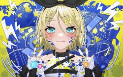 Rule 34 | 1girl, blonde hair, blue eyes, blush, bow hairband, cellphone, chest belt, collar, copyright name, earrings, fingernails, hair ornament, hairband, hairclip, hands up, headphones, heart, highres, jewelry, kagamine rin, lightning bolt symbol, long fingernails, long sleeves, looking at viewer, multiple piercings, multiple rings, nail polish, paint splatter, paint splatter on face, phone, ring, shirt, short hair, sleeve bow, sleeveless, sleeveless shirt, sleeves past wrists, smartphone, smile, straight-on, tongue, tongue out, upper body, vocaloid, wanko (yurika0320), yellow background