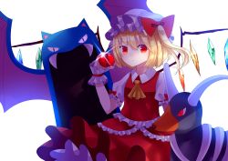 Rule 34 | 1girl, ascot, blonde hair, bow, commentary request, creatures (company), flandre scarlet, game freak, gen 1 pokemon, golbat, hat, hat bow, highres, holding, looking at viewer, mob cap, nintendo, pokemon, pokemon (creature), puffy short sleeves, puffy sleeves, red bow, red eyes, sakizaki saki-p, short hair, short sleeves, side ponytail, touhou, wings, wrist cuffs, yellow ascot