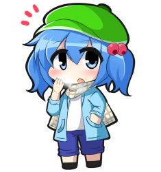 Rule 34 | 1girl, alternate costume, blue eyes, blue hair, casual, chibi, contemporary, hair bobbles, hair ornament, hand in pocket, hat, jacket, kawashiro nitori, looking at viewer, matching hair/eyes, open clothes, open jacket, open mouth, scarf, shirt, shorts, solo, touhou, twintails, two side up, twumi