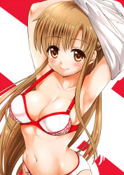 Rule 34 | 10s, 1girl, arms up, asuna (sao), bra, breasts, brown eyes, brown hair, cleavage, highres, large breasts, long hair, navel, panties, smile, solo, stomach, sword art online, underwear, underwear only, undressing, very long hair, yoshimiya chitose