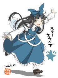 Rule 34 | 10s, 1girl, 2016, black hair, blue bow, blue dress, blunt bangs, bow, brown footwear, cross-laced clothes, dated, dress, eyebrows, fairy wings, full body, hair bow, inuno rakugaki, juliet sleeves, long hair, long sleeves, looking at viewer, open mouth, outstretched arms, puffy sleeves, running, shoes, simple background, socks, solo, spread arms, star (symbol), star sapphire, touhou, white background, white socks, wings, yellow eyes