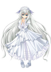 Rule 34 | 00s, 11eyes, 1girl, blue eyes, bow, dress, frills, full body, gothic lolita, hairband, own hands clasped, lisette vertorre, lolita fashion, long hair, mary janes, nekono, own hands together, ribbon, shoes, smile, solo, white background, white hair, white theme