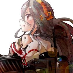 Rule 34 | 10s, 1girl, anti-aircraft, anti-aircraft gun, back, bad id, bad twitter id, bare shoulders, black hair, blood, blood in mouth, brown eyes, camouflage, cannon, damaged, detached sleeves, hair ornament, hairband, hairclip, haruna (kancolle), itomugi-kun, japanese clothes, kantai collection, long hair, nontraditional miko, solo, sunlight, turret