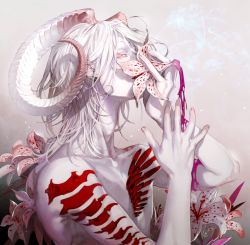 Rule 34 | 1boy, arm tattoo, chest tattoo, colored skin, flower, flower request, from side, grey background, hands up, horns, lily (flower), male focus, oollnoxlloo, original, pale skin, signature, solo, tattoo, topless male, upper body, white hair, white skin