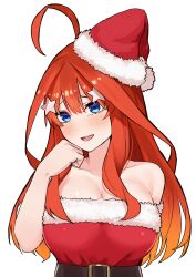 Rule 34 | 1girl, absurdres, ahoge, amog, bare shoulders, belt, belt buckle, blue eyes, breasts, brown belt, buckle, christmas, collarbone, dress, fur-trimmed dress, fur-trimmed headwear, fur trim, go-toubun no hanayome, hair between eyes, hair ornament, hand on own cheek, hand on own face, hand up, hat, head tilt, highres, large breasts, long hair, looking at viewer, nakano itsuki, open mouth, red dress, red hair, red hat, santa dress, santa hat, smile, solo, star (symbol), star hair ornament, strapless, strapless dress, upper body, white background