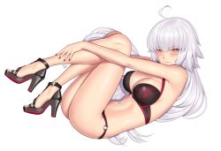 Rule 34 | 1girl, absurdres, ahoge, bare arms, bare legs, bikini, black bikini, blush, breasts, cleavage, closed mouth, fate/grand order, fate (series), from side, full body, highres, huusri, jeanne d&#039;arc alter (fate), jeanne d&#039;arc alter (swimsuit berserker) (fate), large breasts, long hair, looking at viewer, nail polish, navel, o-ring, o-ring bikini, red nails, simple background, solo, swimsuit, very long hair, white background, white hair, yellow eyes