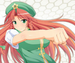 Rule 34 | 1girl, alternate eye color, bad id, bad pixiv id, beret, blush, braid, breasts, clenched hand, female focus, green eyes, hat, honeycomb (pattern), honeycomb background, honeycomb pattern, hong meiling, large breasts, long hair, punching, red hair, smile, solo, star (symbol), touhou, twin braids, upper body, yatsune rika
