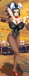 Rule 34 | 00s, 1girl, animal ears, arm behind head, bare shoulders, black eyes, black hair, black leotard, black pantyhose, blurry, blurry background, bow, bowtie, breasts, casino, chandelier, cleavage, covered navel, detached collar, dragon quest, dragon quest viii, earrings, fake animal ears, female focus, hair over one eye, hand on own hip, heels, high heels, highres, huge breasts, indoors, jewelry, legs, leotard, light smile, long legs, looking at viewer, matching hair/eyes, medium hair, nipples, pantyhose, photo background, playboy bunny, pointy ears, rabbit ears, red (dq8), see-through, see-through legwear, sidelocks, slot machine, spiked hair, square enix, standing, strapless, strapless leotard, table, urarhs, wing collar, wrist cuffs