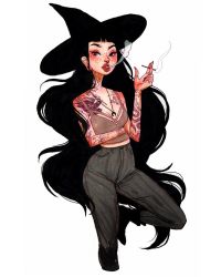 Rule 34 | 1girl, arm around waist, arm tattoo, arm up, black footwear, black hair, black hat, black pants, blunt bangs, boots, breasts, chest tattoo, cigarette, commentary, crescent moon, english commentary, fingernails, hat, highres, holding, holding cigarette, inktober, jacquelin deleon, jewelry, lips, long hair, looking at another, moon, neck tattoo, necklace, original, pants, sharp fingernails, simple background, small breasts, smoke, smoking, solo, tattoo, very long hair, witch hat