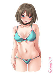 Rule 34 | 1girl, black choker, blue bra, blue eyes, blue panties, blush, bra, breasts, brown hair, choker, collarbone, ebifurya, hair ornament, hairclip, highres, kantai collection, looking at viewer, maya (kancolle), medium breasts, navel, one-hour drawing challenge, open mouth, panties, short hair, simple background, skindentation, solo, twitter username, underwear, underwear only, upper body, white background