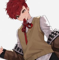 Rule 34 | 1boy, absurdres, bad id, bad twitter id, blush, brown eyes, brown jacket, buried stars, grey background, hair between eyes, highres, jacket, long sleeves, male focus, monza (saeumon), mouth hold, neck ribbon, open clothes, open jacket, red hair, red ribbon, ribbon, seo hyesung, shirt, simple background, solo, sweater vest, undercut, upper body, white shirt