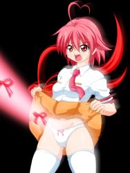 Rule 34 | 1girl, ahoge, aino heart, arcana heart, blush, breasts, clothes lift, heart, heart ahoge, highres, laser, legs, lifted by self, necktie, panties, pink hair, red eyes, ribbon, school uniform, short hair, skirt, skirt lift, small breasts, solo, thighs, underwear, what, white panties