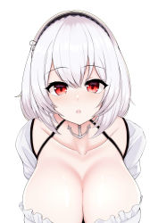 Rule 34 | 1girl, absurdres, anchor symbol, anpanmen (anpanmenkosian), azur lane, black hairband, breasts, cleavage, collarbone, dress, hair between eyes, hair intakes, hairband, highres, huge breasts, lace-trimmed hairband, lace trim, leaning forward, looking at viewer, open mouth, puffy short sleeves, puffy sleeves, shiny skin, short hair, short sleeves, simple background, sirius (azur lane), upper body, white background, white dress, white hair